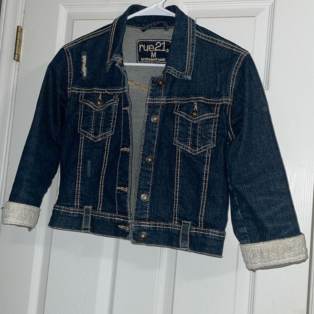 New Rue 21 Denim Jean Dark Distressed Jacket Crop Style Stretch Curvy Size M
